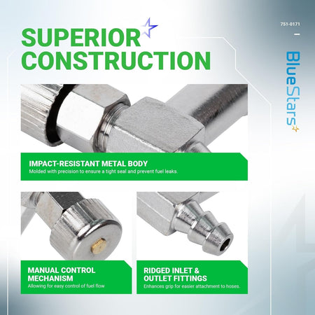 Close-up infographic showing the metal body, control knob, and ridged fittings of the 751-0171 fuel shut off valve.