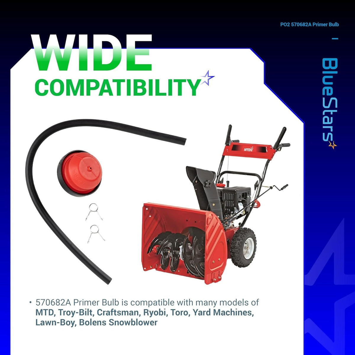 570682A primer bulb with fuel line and clips for MTD, Troy-Bilt, and Craftsman snowblowers.