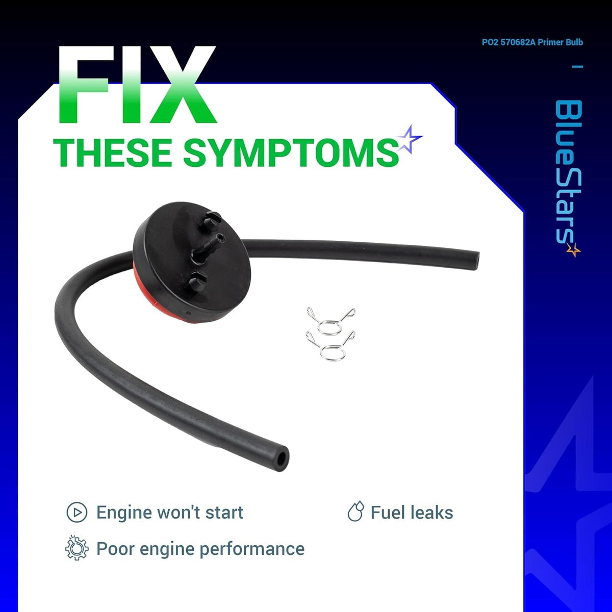 570682A primer bulb with attached fuel line and two metal retaining clips for small engine repair.