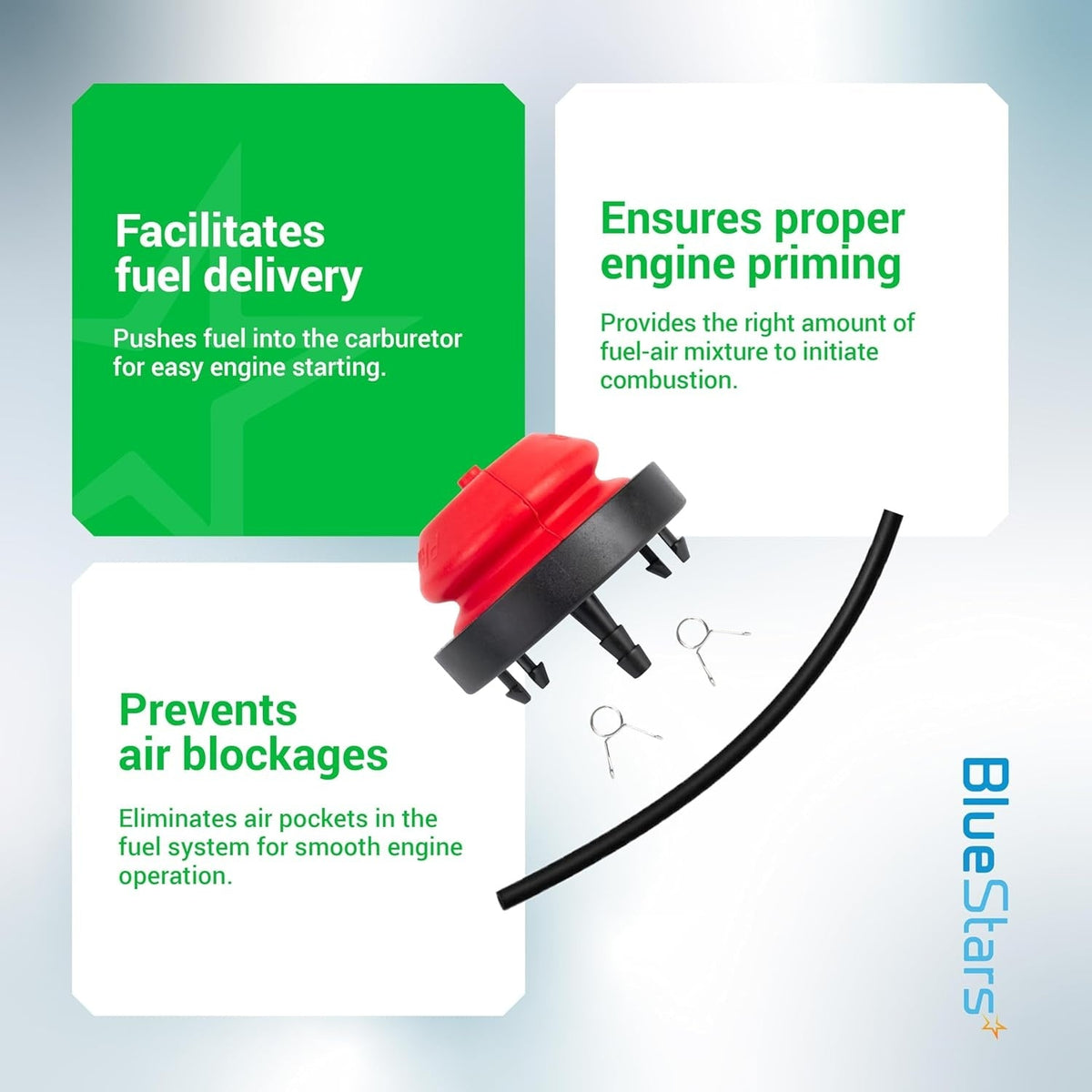 570682A 951-10639A primer bulb with fuel line and clips, shown with engine priming benefits infographic.