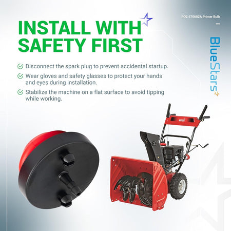 Safety installation guide for 570682A primer bulb on a snowblower with safety tips and component close-up.