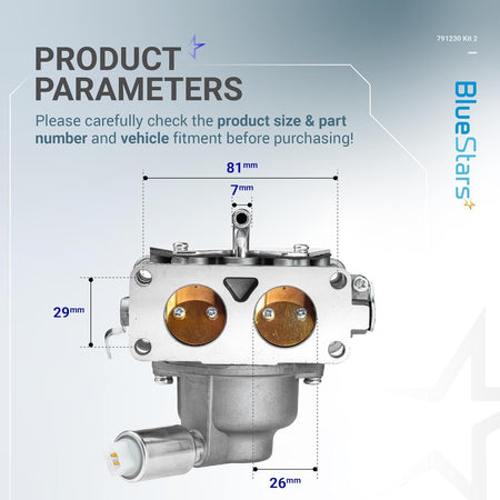 791230 carburetor assembly with technical dimension labels showing width and height measurements.