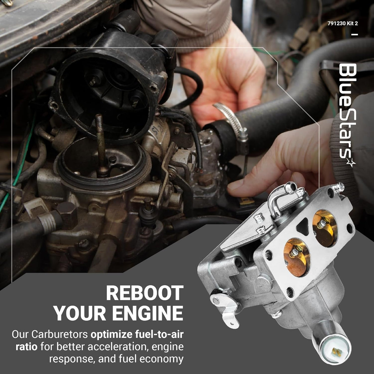 791230 carburetor replacement part shown next to an engine being repaired.