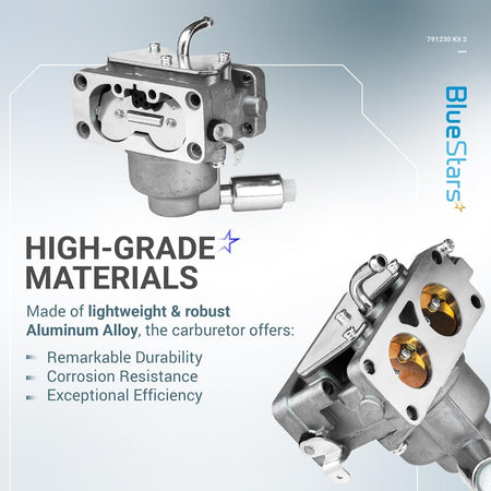 Two views of a 791230 aluminum alloy carburetor showing the intake ports and metal housing construction.