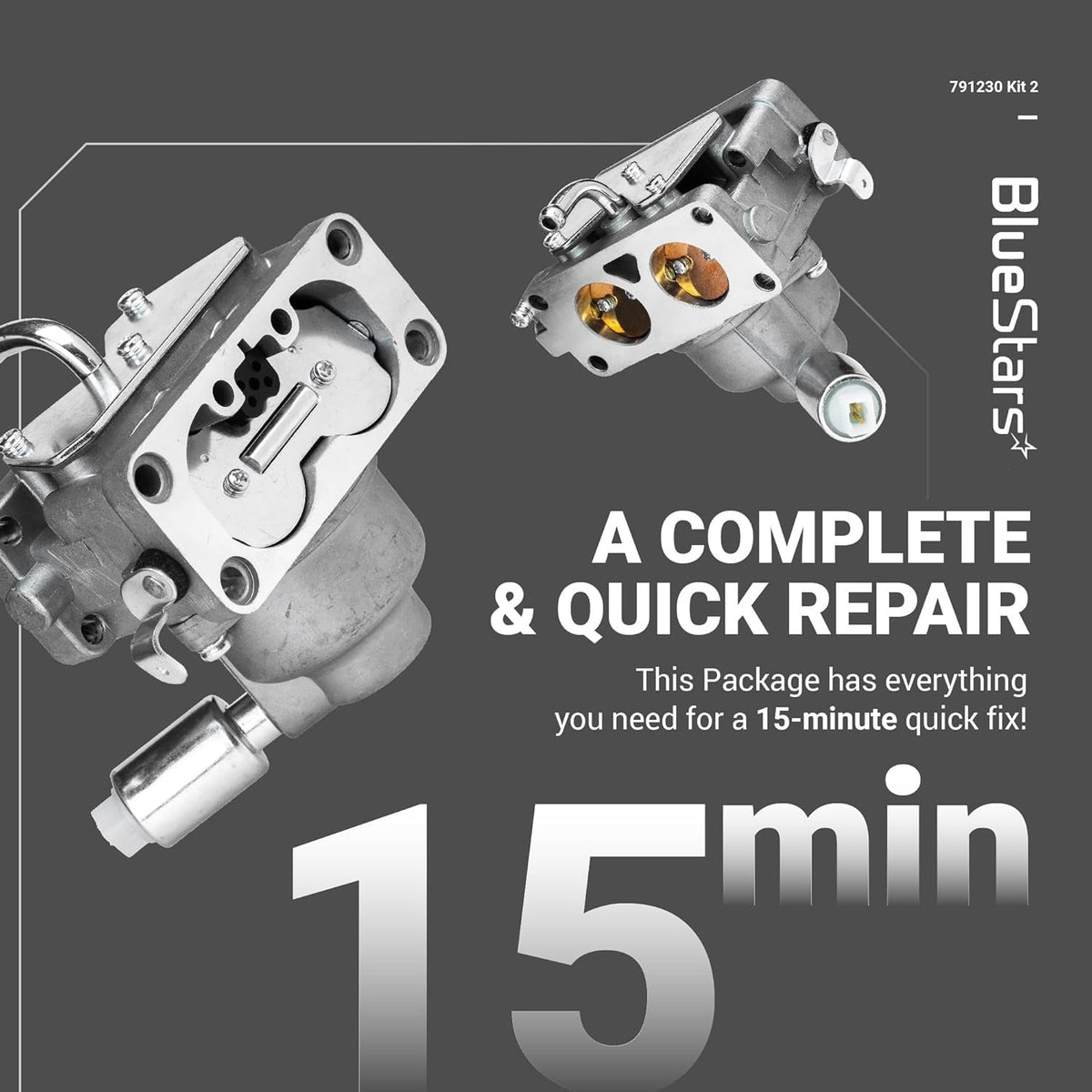 Two views of the 791230 carburetor replacement part for engine repair.