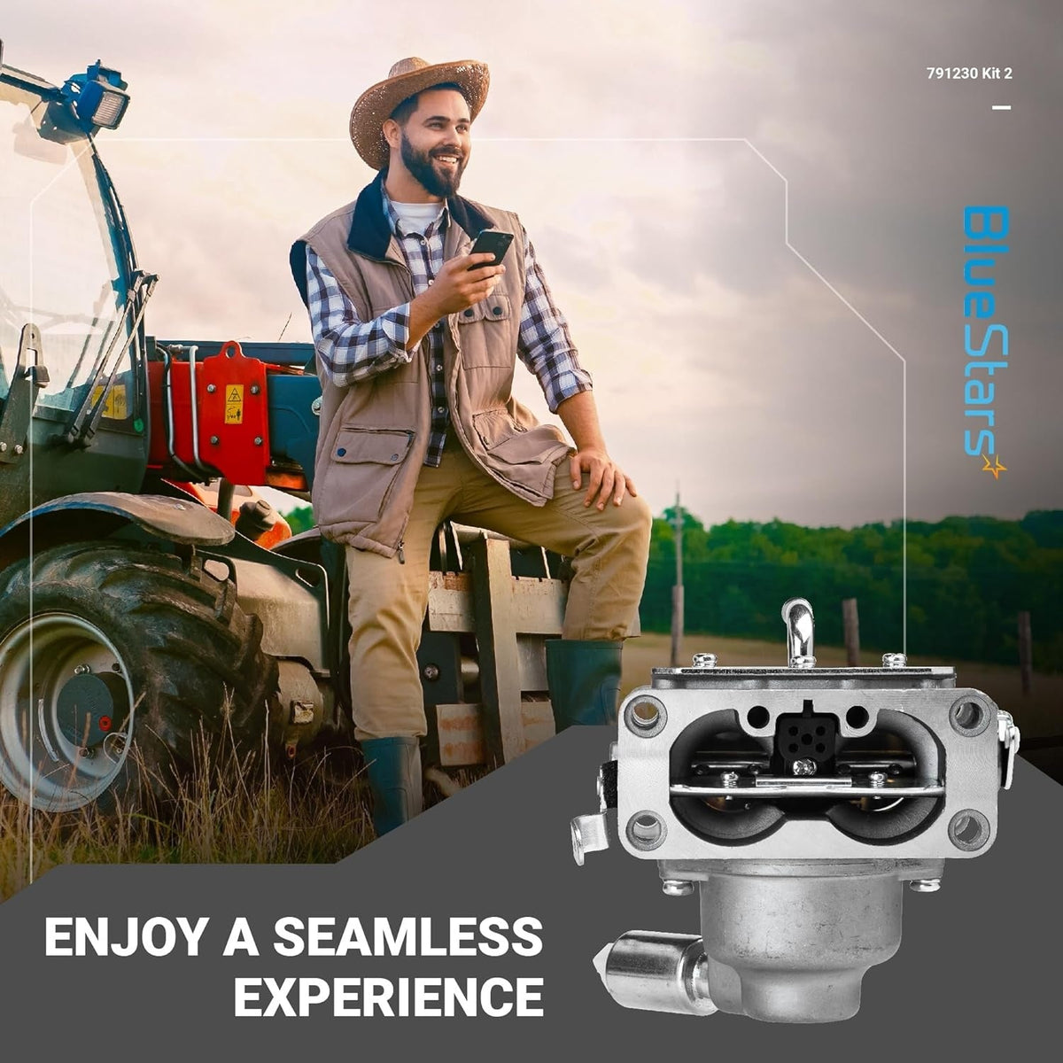 791230 carburetor replacement part shown in a promotional lifestyle graphic with a farmer and tractor.