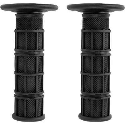 Pair of black 7/8 inch motorcycle hand grips with textured rubber finish for 22mm and 24mm handlebars.