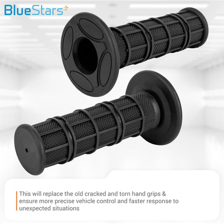 Pair of black 7/8 inch motorcycle hand grips with textured rubber design for 22mm and 24mm handlebars.