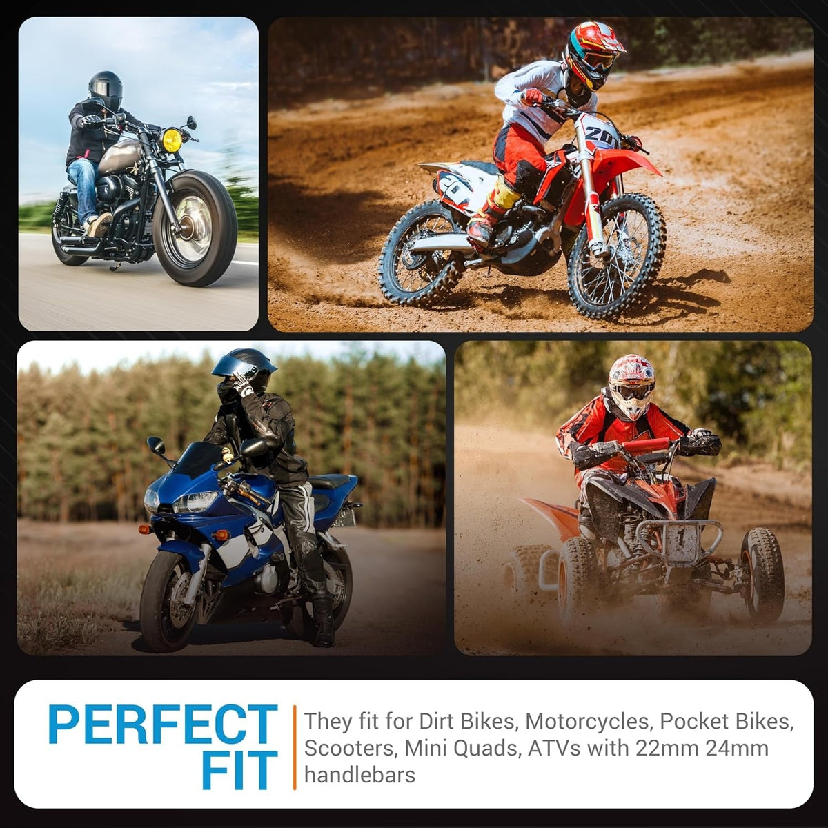 Collage showing motorcycles, dirt bikes, and ATVs compatible with 7/8 inch 22mm and 24mm handlebar grips.