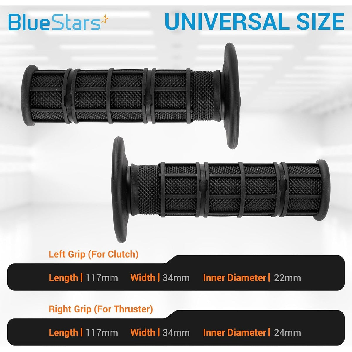 Pair of black 7/8 inch motorcycle hand grips with 22mm left and 24mm right inner diameter dimensions.