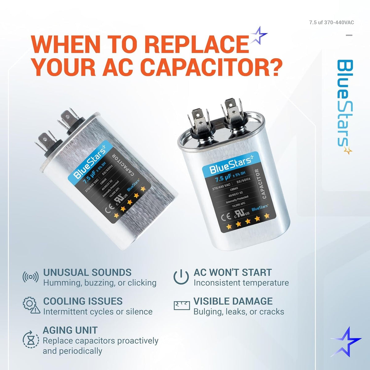 Infographic showing two 7.5 uF 370/440 VAC oval run capacitors and signs indicating when to replace an AC capacitor.