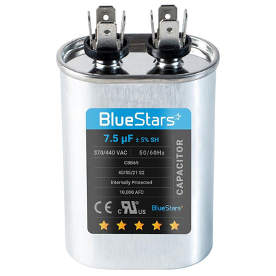 7.5 uF 370/440 VAC oval run capacitor for HVAC condenser and heat pump units.