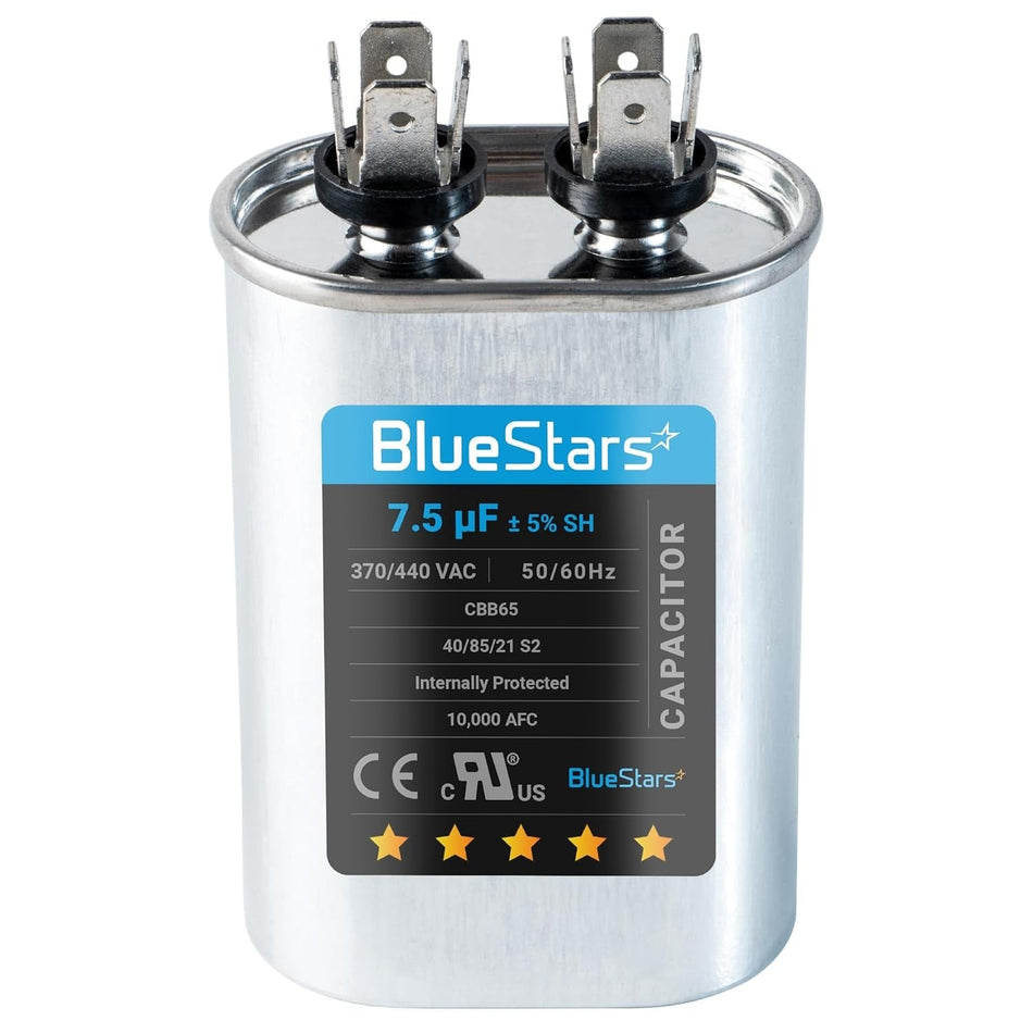 7.5 uF 370/440 VAC oval run capacitor for HVAC condenser and heat pump units.