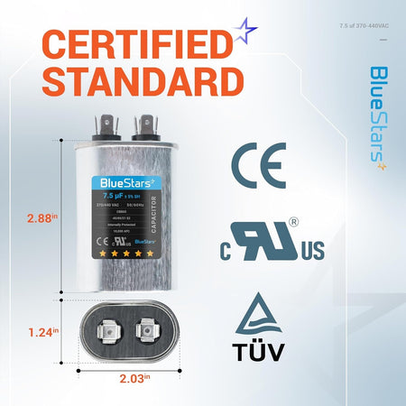 BlueStars 7.5 uF 370/440 VAC oval run capacitor with dimensions and certification labels shown.