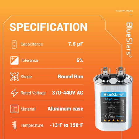 Specification chart for 7.5 uF 370/440 VAC CBB65 run capacitor with technical details and product image.