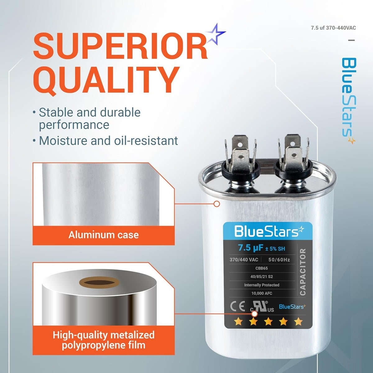 BlueStars 7.5 uF oval run capacitor with aluminum case and metalized polypropylene film construction details.