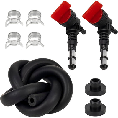 Two 90-degree fuel shut-off valves, fuel line hose, rubber grommets, and hose clamps for portable generators.
