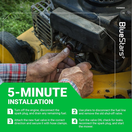 Hands installing a 192980GS fuel shut off valve on a lawn mower engine with 5-minute installation instructions.