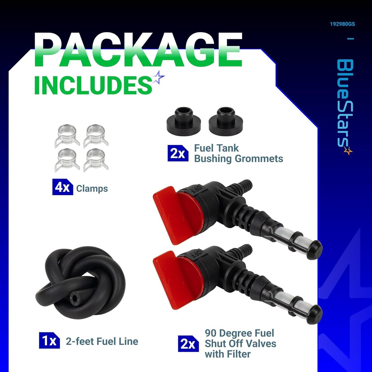 Package contents including two 90-degree fuel shut-off valves with filters, two tank grommets, four clamps, and fuel line.