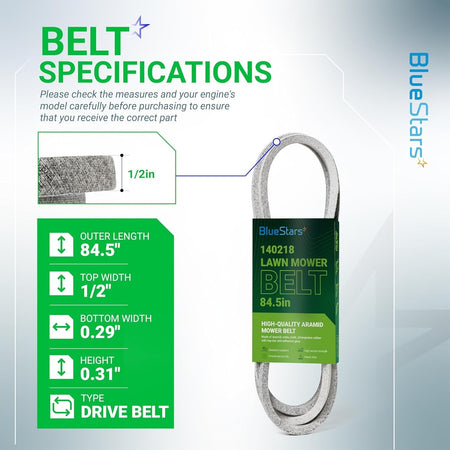 Infographic showing 140218 drive belt specifications including 84.5-inch length and 1/2-inch width dimensions.
