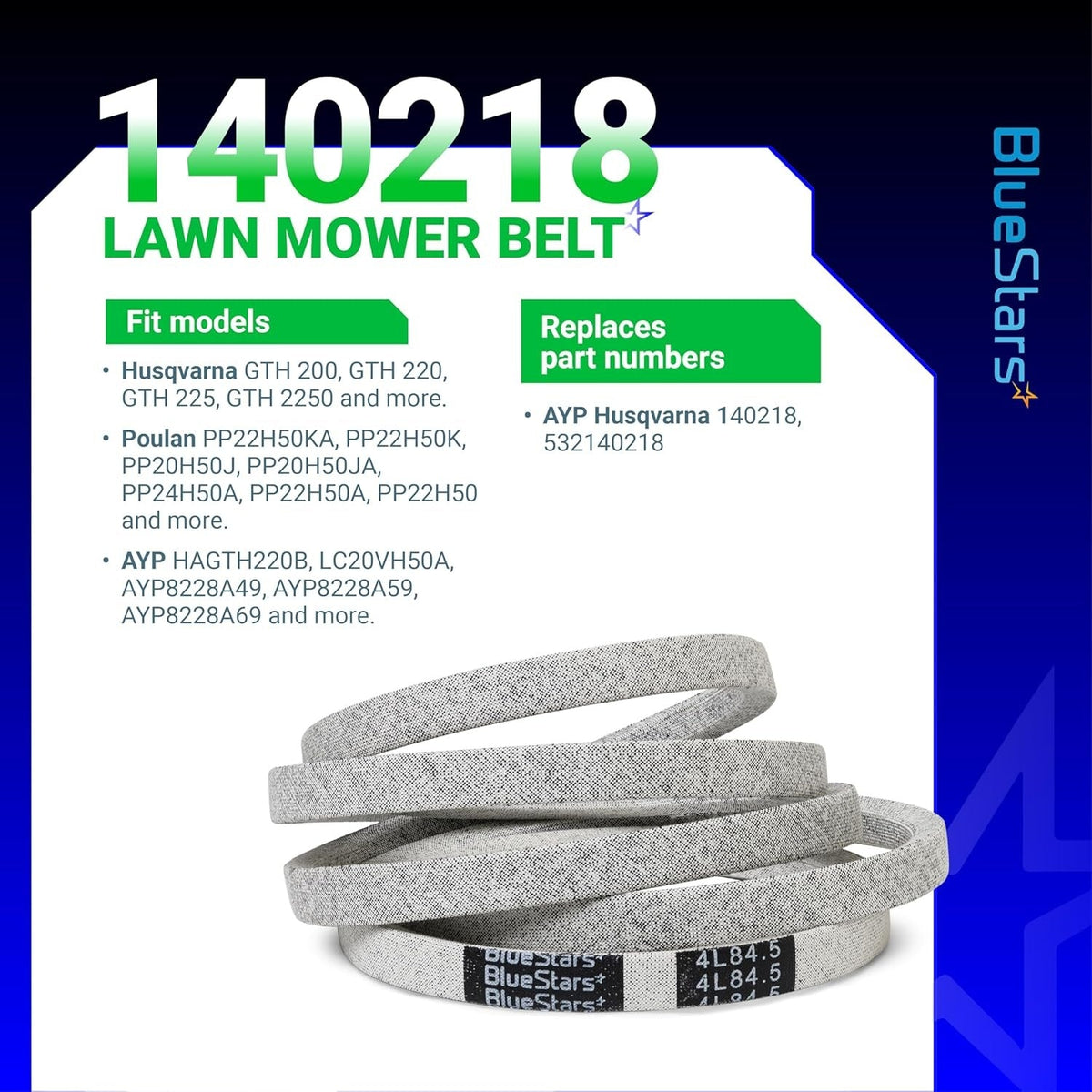 140218 lawn mower drive belt with compatibility and part number information graphic.