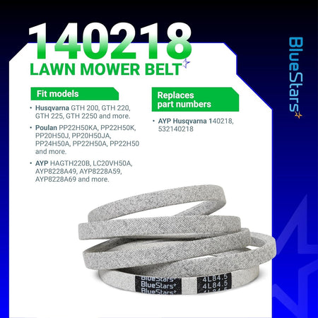 140218 lawn mower drive belt with compatibility and part number information graphic.