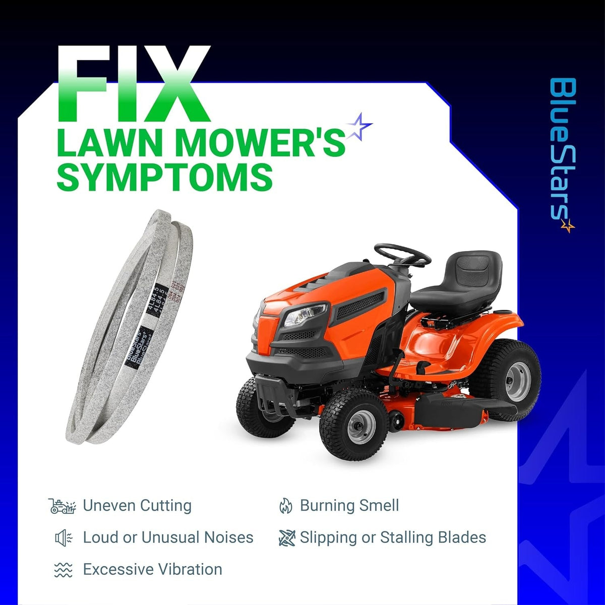 Replacement drive belt for Craftsman and Husqvarna lawn mowers showing symptoms of wear and repair solutions.