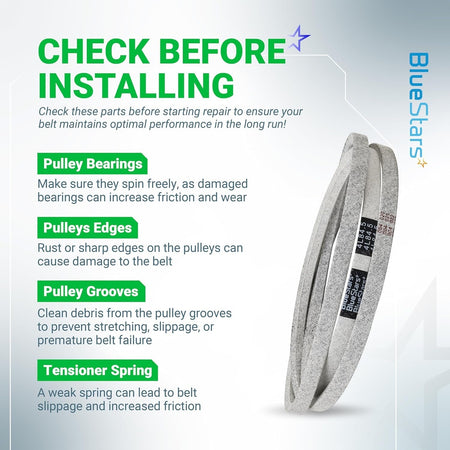 Informational graphic showing installation tips for 140218 drive belt with pulley and bearing maintenance checks.