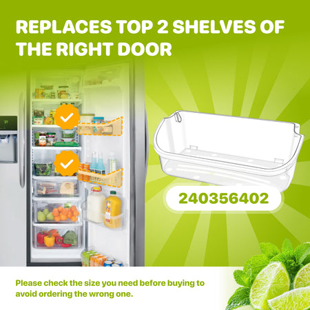 240356402 Refrigerator Clear Premium Door Shelf Bin, graphic showing the bin and two highlighted top right-door shelves