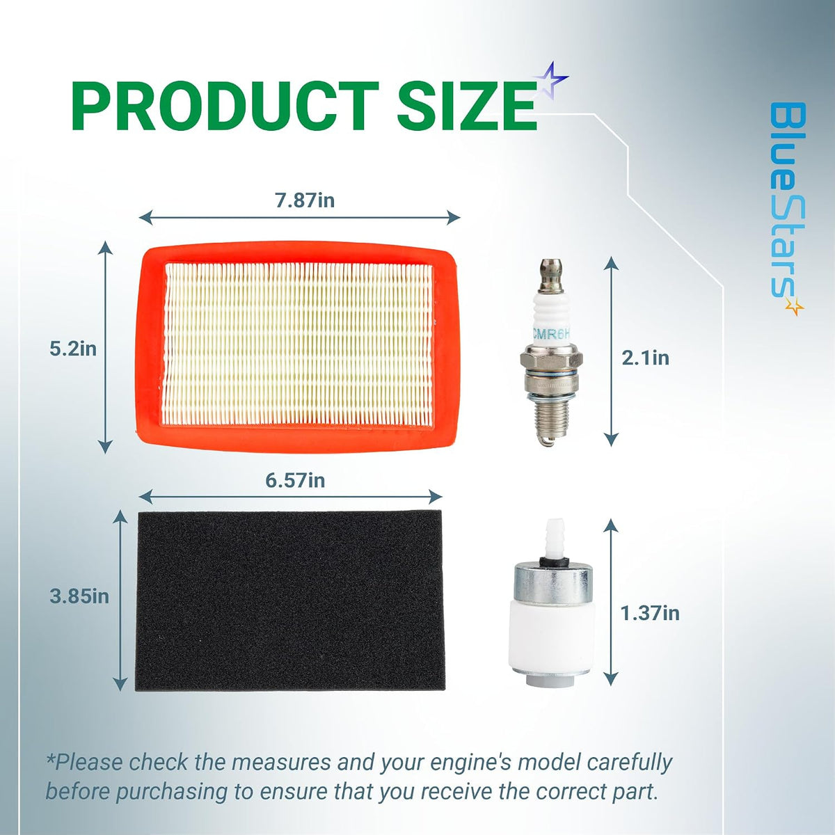 580BTS Air Filter Fuel Line Kit, product size diagram showing filters, spark plug, and fuel filter with dimensions