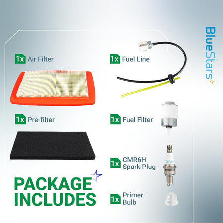 580BTS Air Filter Fuel Line Kit package graphic showing air filter, pre-filter, fuel line, fuel filter, spark plug and primer