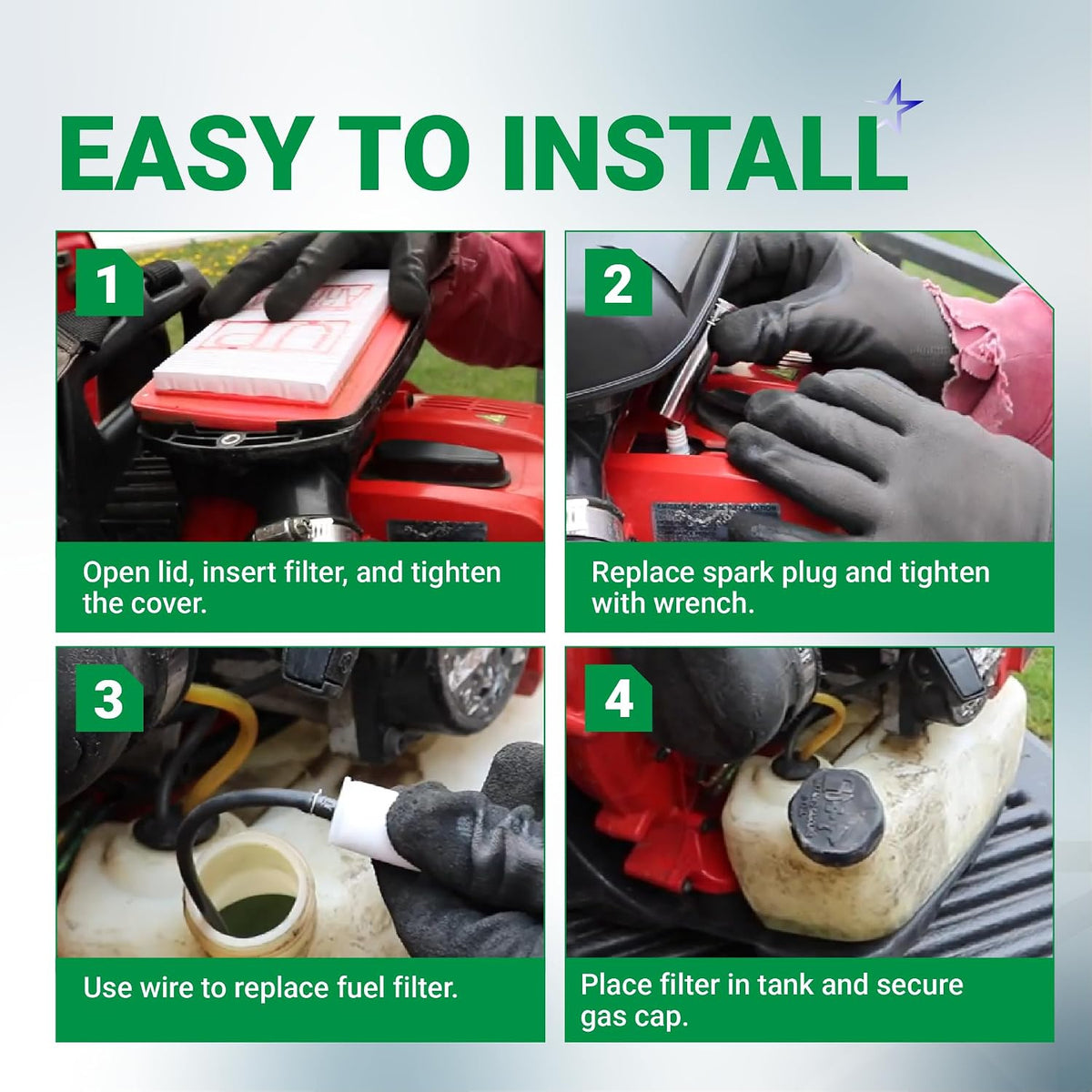 580BTS Air Filter Fuel Line Kit showing four-step installation instructions for the air filter, spark plug, and fuel filter