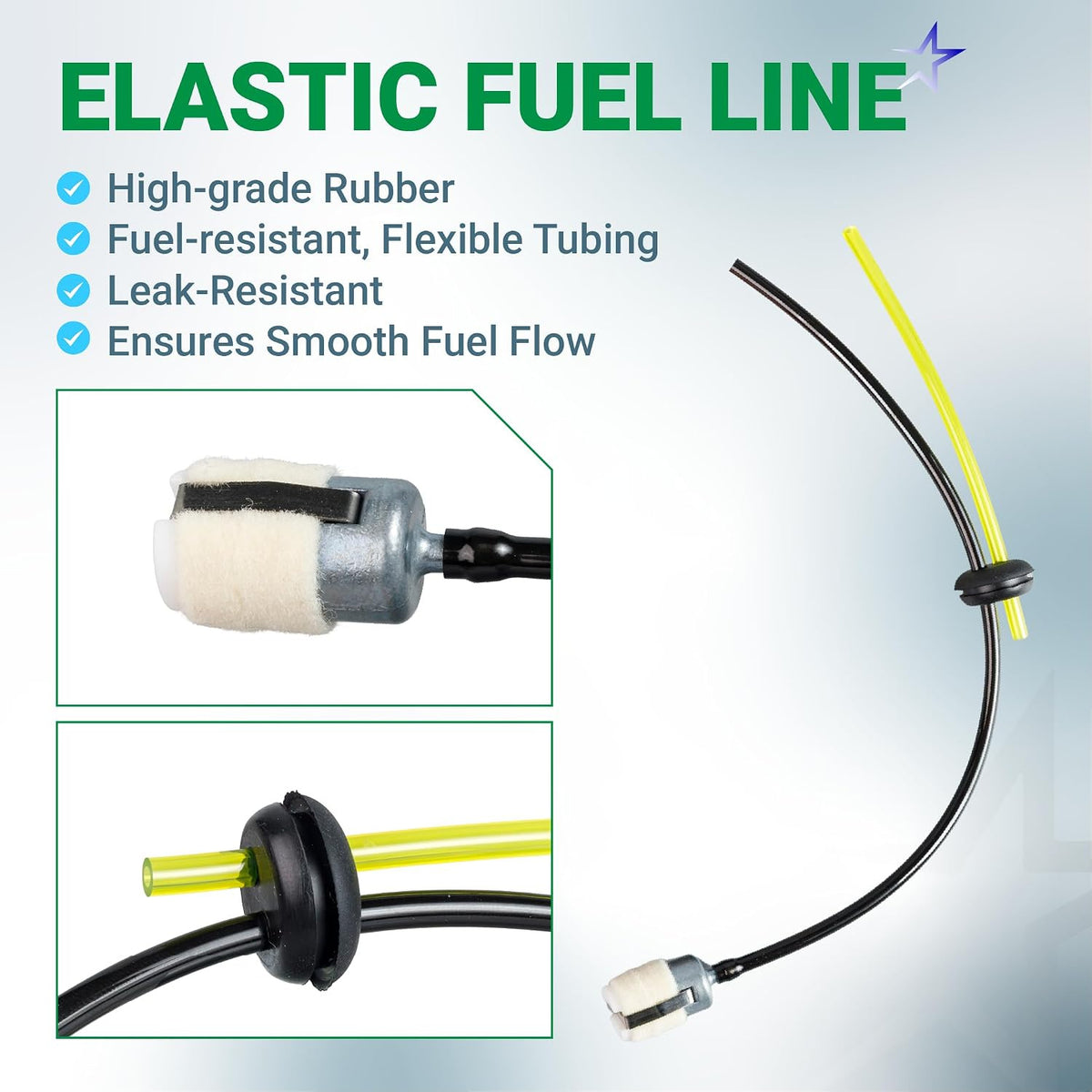 580BTS Air Filter Fuel Line Kit showing fuel-resistant tubing, grommet, and inline fuel filter close-ups