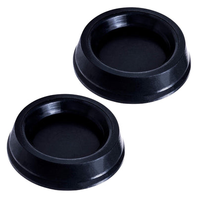Two black rubber plunger replacement gaskets for AeroPress coffee and espresso makers.