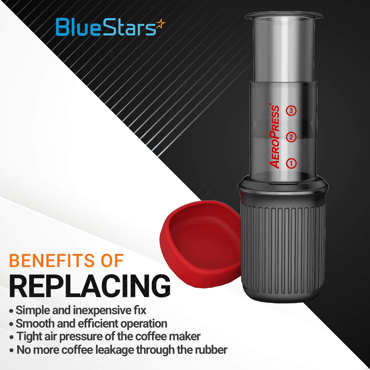 Red rubber plunger gasket replacement for AeroPress coffee maker shown next to the device.