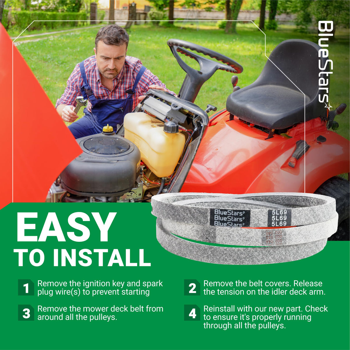 Replacement lower drive belt for Troy-Bilt and MTD lawn mowers with installation guide graphic.