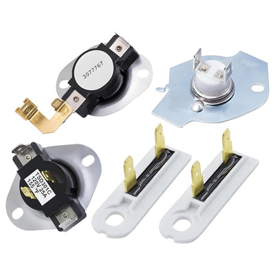Replacement dryer thermostat, thermal fuse, and cut-off switch kit for Whirlpool, Kenmore, and Maytag dryers.