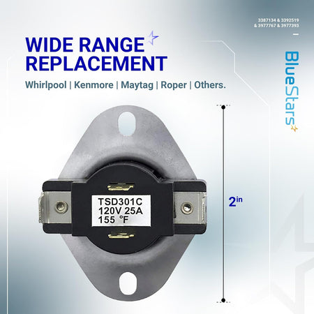 3387134 cycling thermostat replacement part for Whirlpool, Kenmore, and Maytag dryers with 2-inch measurement label.