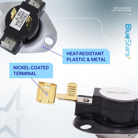 Close-up of dryer thermostat and thermal fuse components with heat-resistant plastic and nickel-coated terminals.