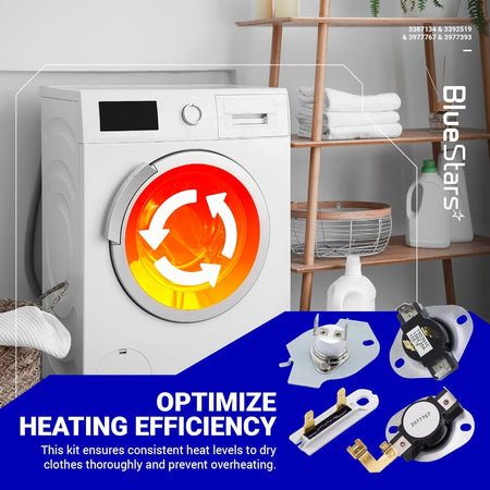 Dryer repair kit with thermostats, thermal fuse, and cut-off switch for Whirlpool, Kenmore, and Maytag dryers.
