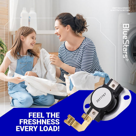3977767 high-limit thermostat for Whirlpool, Kenmore, and Maytag dryers featured in a lifestyle product graphic.