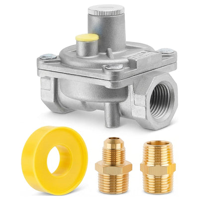 1/2" gas pressure regulator with two brass NPT conversion adapters and yellow thread seal tape.