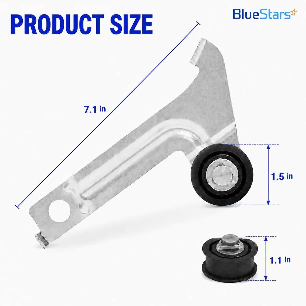 8547174 Dryer Idler Pulley - Product size diagram with bracket and pulley labeled 7.1 in, 1.5 in, and 1.1 in