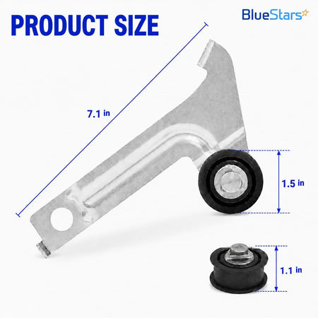 8547174 Dryer Idler Pulley - Product size diagram with bracket and pulley labeled 7.1 in, 1.5 in, and 1.1 in