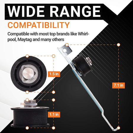 Infographic showing dimensions and compatibility for 8547174 dryer idler pulley assembly.