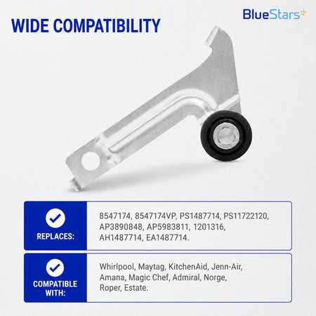 8547174 Dryer Idler Pulley, shown with wide compatibility graphic listing replacement numbers and compatible dryer brands.