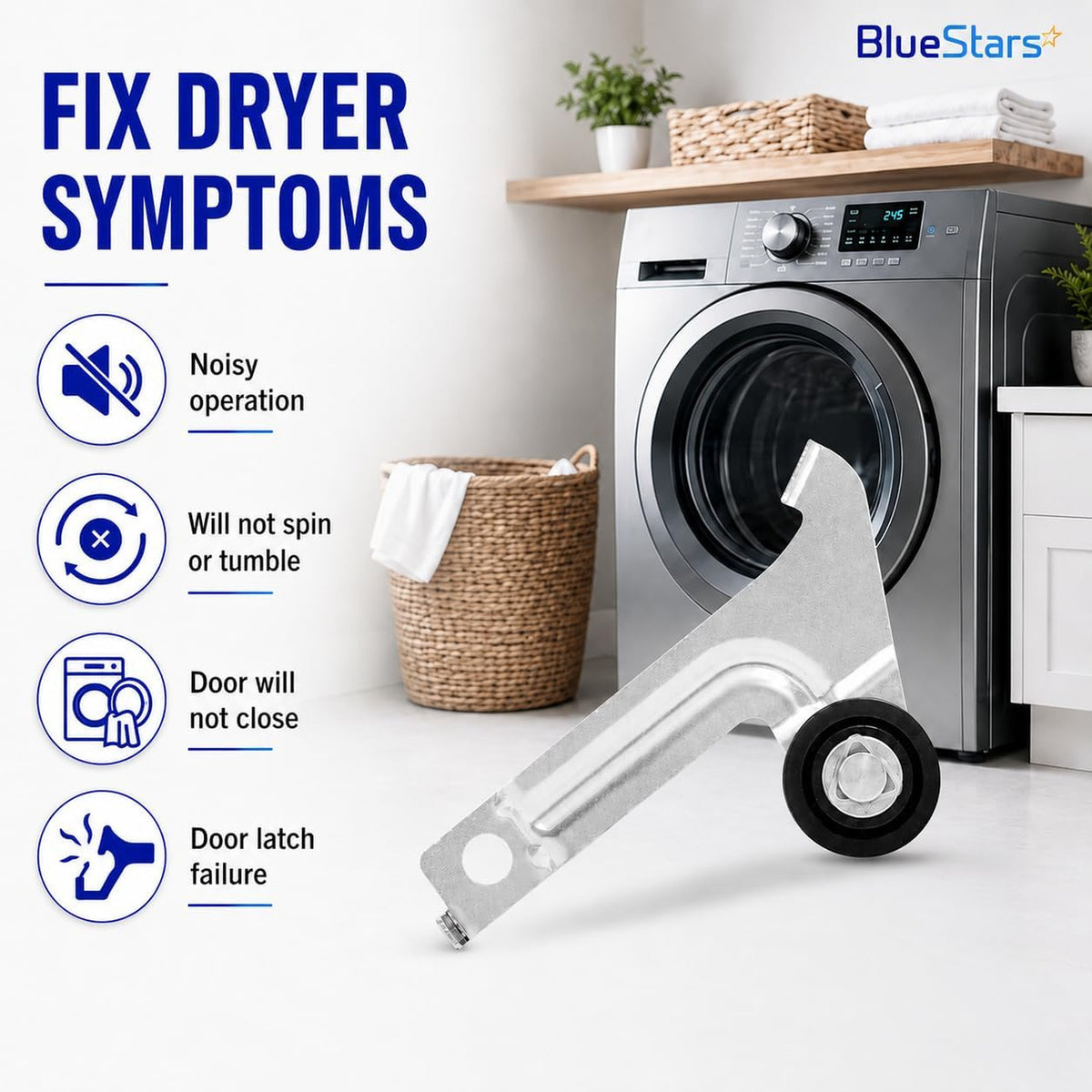 8547174 Dryer Idler Pulley shown with metal arm and wheel beside a dryer, with listed dryer symptoms
