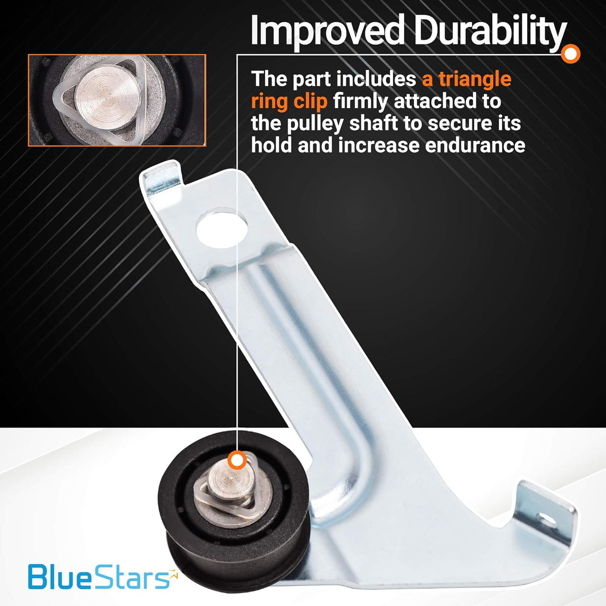 Dryer idler pulley 8547174 featuring a close-up of the triangle ring clip on the pulley shaft for improved durability.