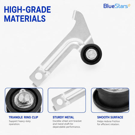8547174 Dryer Idler Pulley with metal arm bracket and pulley, shown with close-ups of clip, bracket, and smooth wheel surface