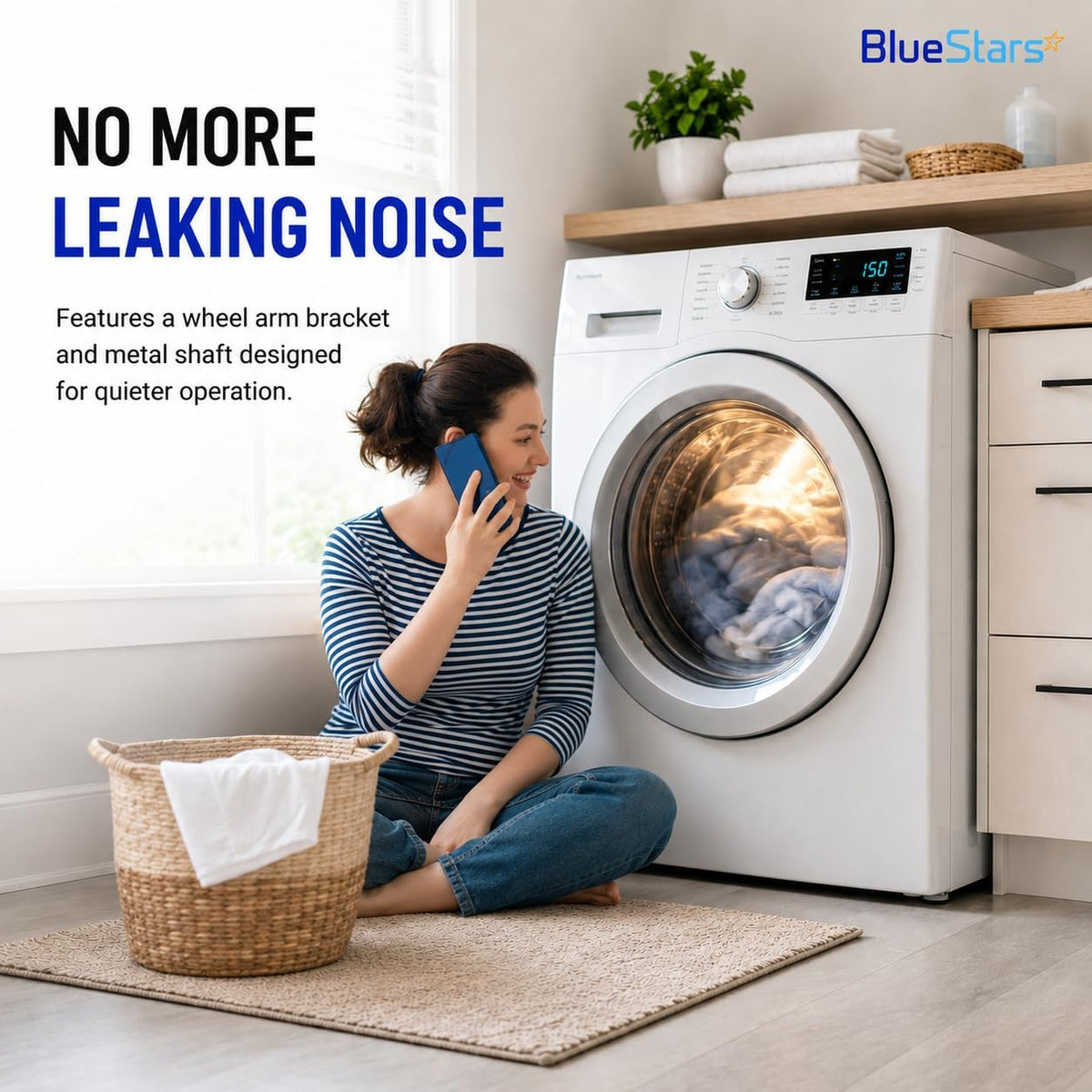 8547174 Dryer Idler Pulley, lifestyle graphic showing a woman beside a running front-load dryer with noise-reduction text